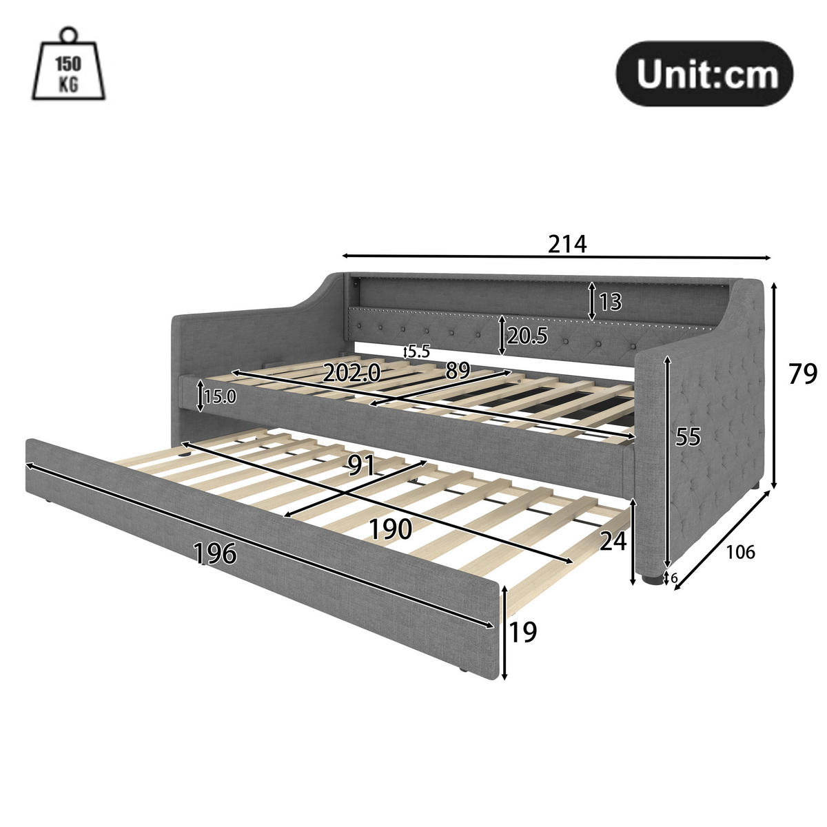 TAGEBETT 90x200cm Grau Leinen LED-Licht Ausziehbett USB - Grau, Holz (90/200cm) - FLIEKS
