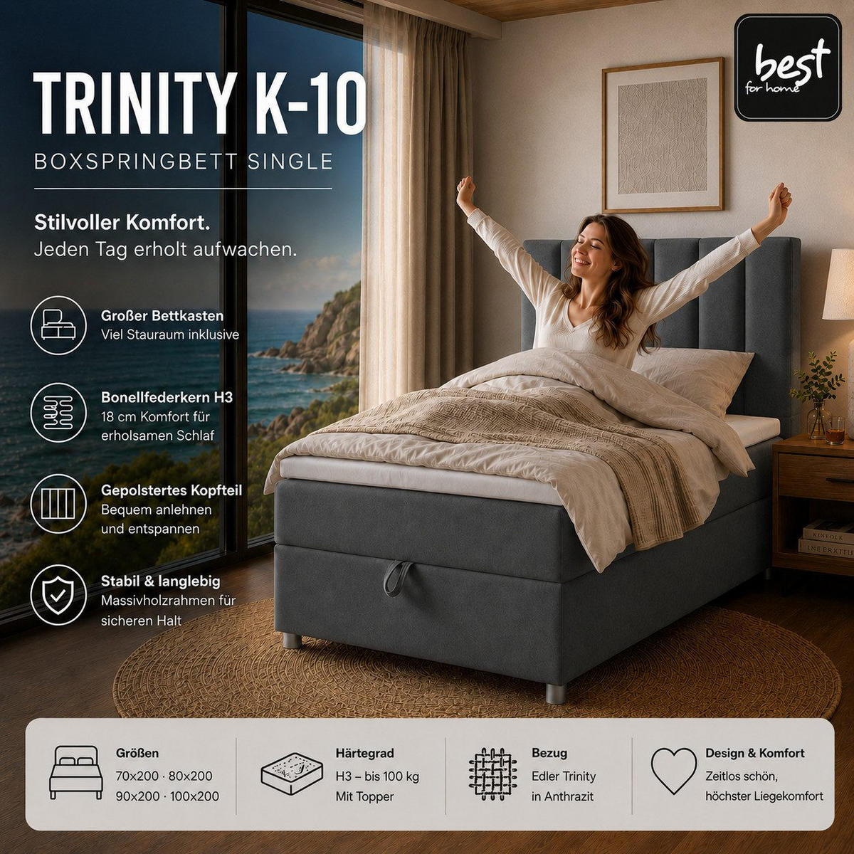 BOXBETT mit Bettkasten Trinity K-10 SINGLE Bonellfederkern inkl. Topper - Graphitfarben, Holz/Holzwerkstoff (100/200cm) - Best For Home