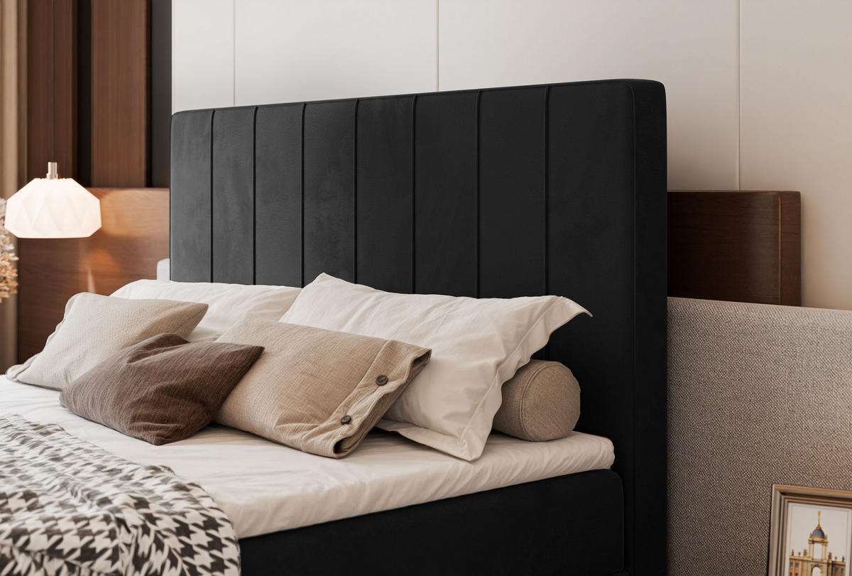 BOXBETT VERA 120x200 cm mit Matratze und Topper, Weicher wasserabweisender Samt Schwarz - Schwarz, Textil (120/200cm) - Idohome