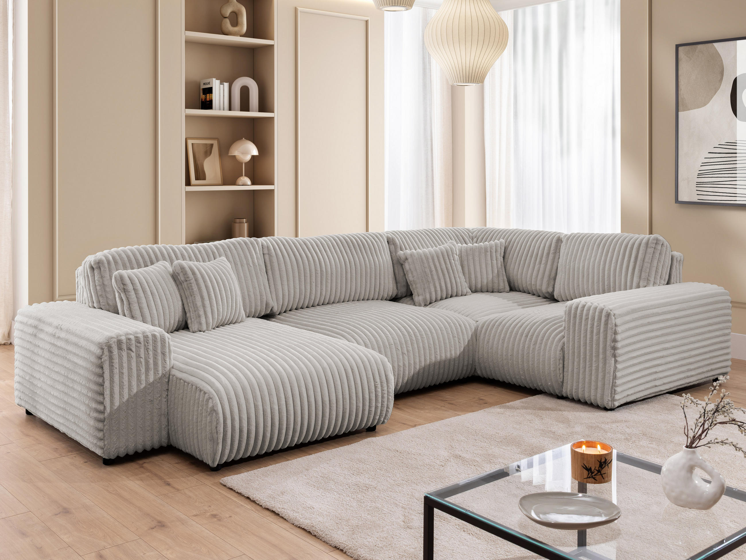 WOHNLANDSCHAFT Mollis Hellgrau Plüschcord im XXL-Format - Ottomane Links - Hellgrau/Schwarz, Holz/Kunststoff (316/77/194cm) - S-Style Möbel