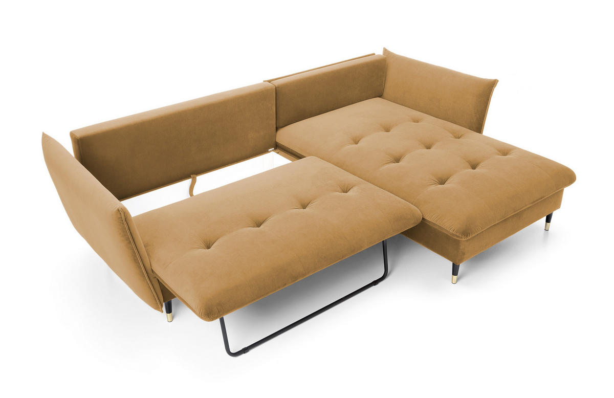 ECKSOFA GLAM mit Schlaffunktion, Ottomane & goldenen Füßen – Samtsofa im Glamour-Stil mit Zierkissen, 258x167x91 cm, rechte, platin​ - Platinfarben, Holz/Textil (258/167cm) - DomoHome