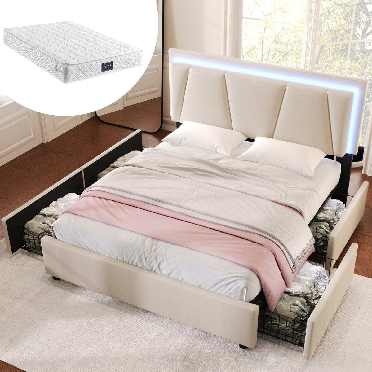 POLSTERBETT 140/200 cm beige aus Holz und Leinenstoff mit LED und 4 Schubladen - Beige, Holzwerkstoff (140/200cm) - OKWISH