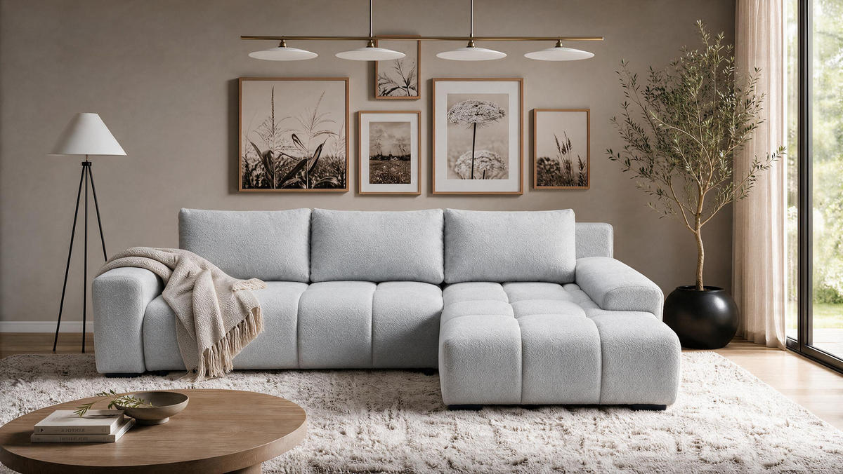 ECKSOFA Ovia mit Bettkasten und Schlaffunktion, Bouclé-Stoff in L-Form - Hellgrau, Textil (270/185cm)