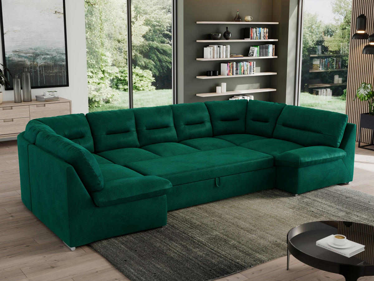WOHNLANDSCHAFT MORBIDO U Dunkelgrün Velvet - Dunkelgrün/Silberfarben, Textil/Metall (340/93/206cm) - MKS