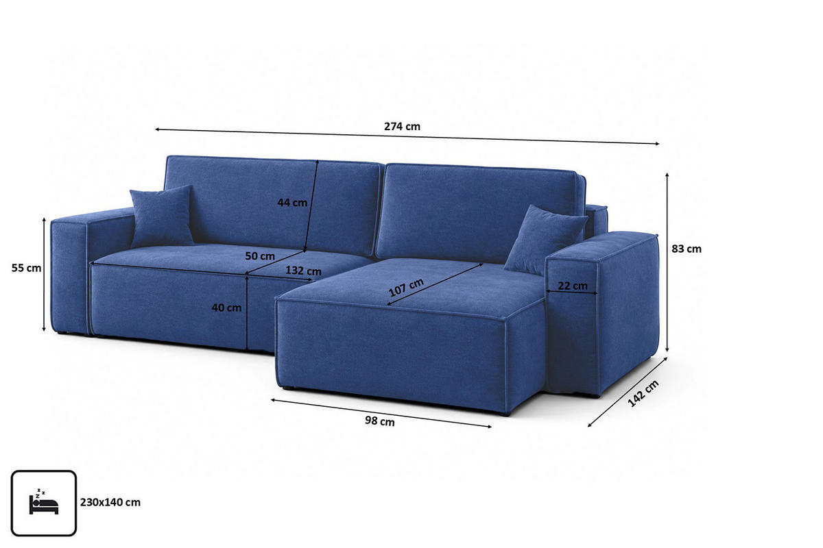 ECKSOFA L-Form Mit Schlaffunktion Und Bettkasten, Veloursstoff Bluvel, Tintenblau, Rechts, BEST XL - Blau, Holz (274/142cm) - Kaiser Möbel