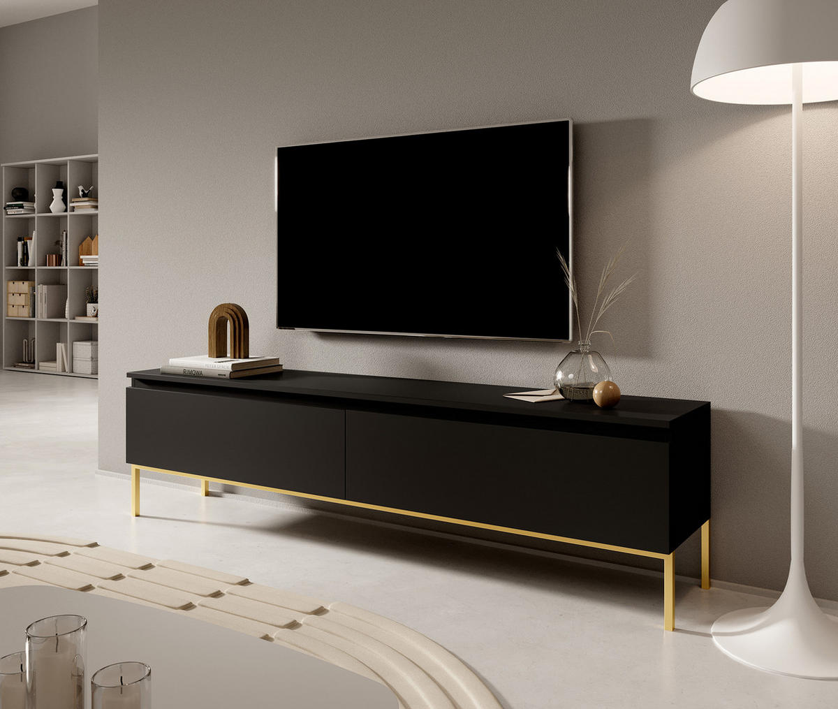 TV-SCHRANK Bemmi Schwarz mit goldenen Metallbeinen 175 cm - Goldfarben/Schwarz, Holzwerkstoff/Metall (175/46/32cm) - Selsey