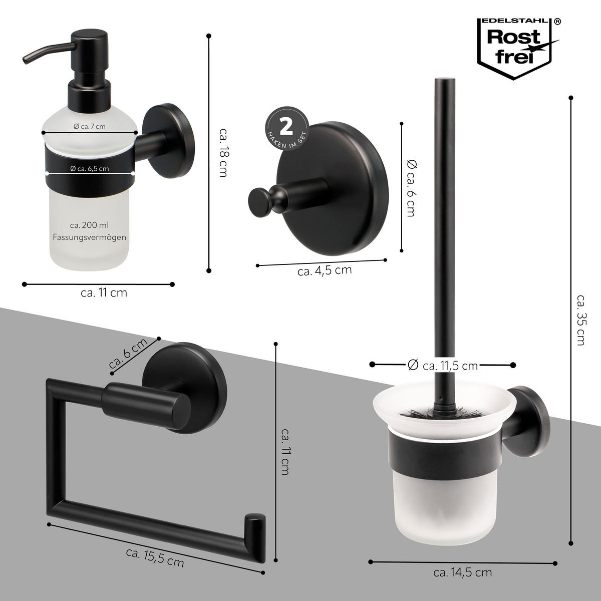 BADEZIMMER-ZUBEHÖR-SET PIAZZA BLACK 4tlg, Edelstahl, schwarz - Schwarz, Metall (14.5/35/11.5cm) - bremermann