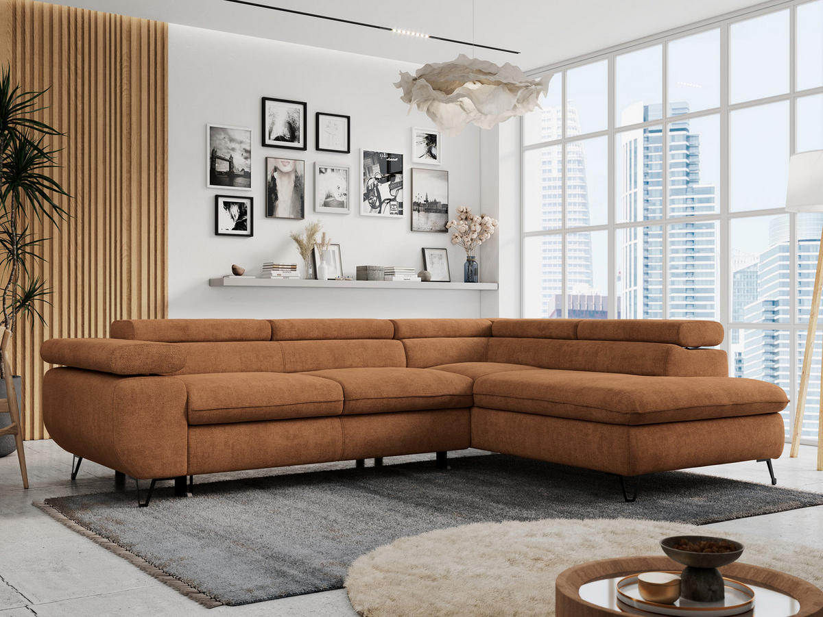 ECKSOFA PETER L Orange Struktur - Rechts Seite - Schwarz/Orange, Textil/Metall (273/208cm) - MKS