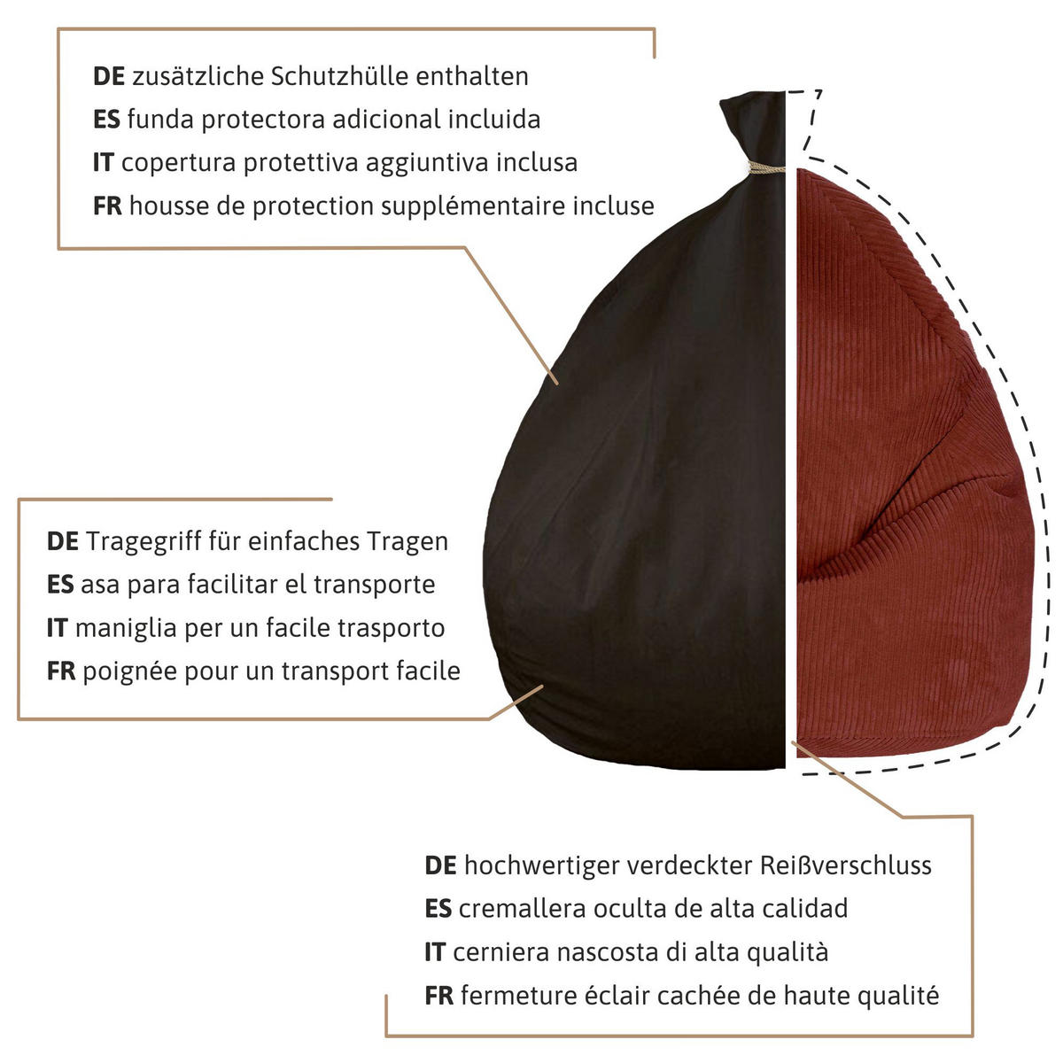 SITZSACK MIT FUßSTÜTZE Kordsamt 2-tlg Fired Brick S - Rotbraun/Rot, Textil (70/105/70cm) - Dreamroots