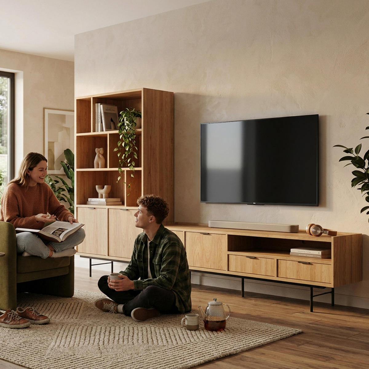 WOHNWAND Evron 2-teilig Bücherregal 90 cm + TV-Board 200 cm, Hikora Eiche - Eichefarben/Schwarz, Holzwerkstoff/Metall (200/185/35cm) - Beautysofa