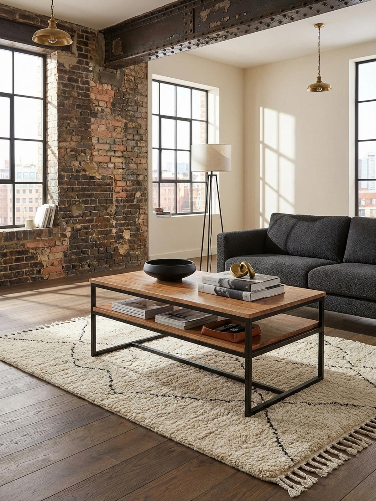 COUCHTISCH Industrial Vintage, Akazienholz und Eisen, 2 Ablagen, Belastbarkeit 15 kg - Beige/Schwarz, Holz/Metall (60/100/45cm) - KADIMA DESIGN