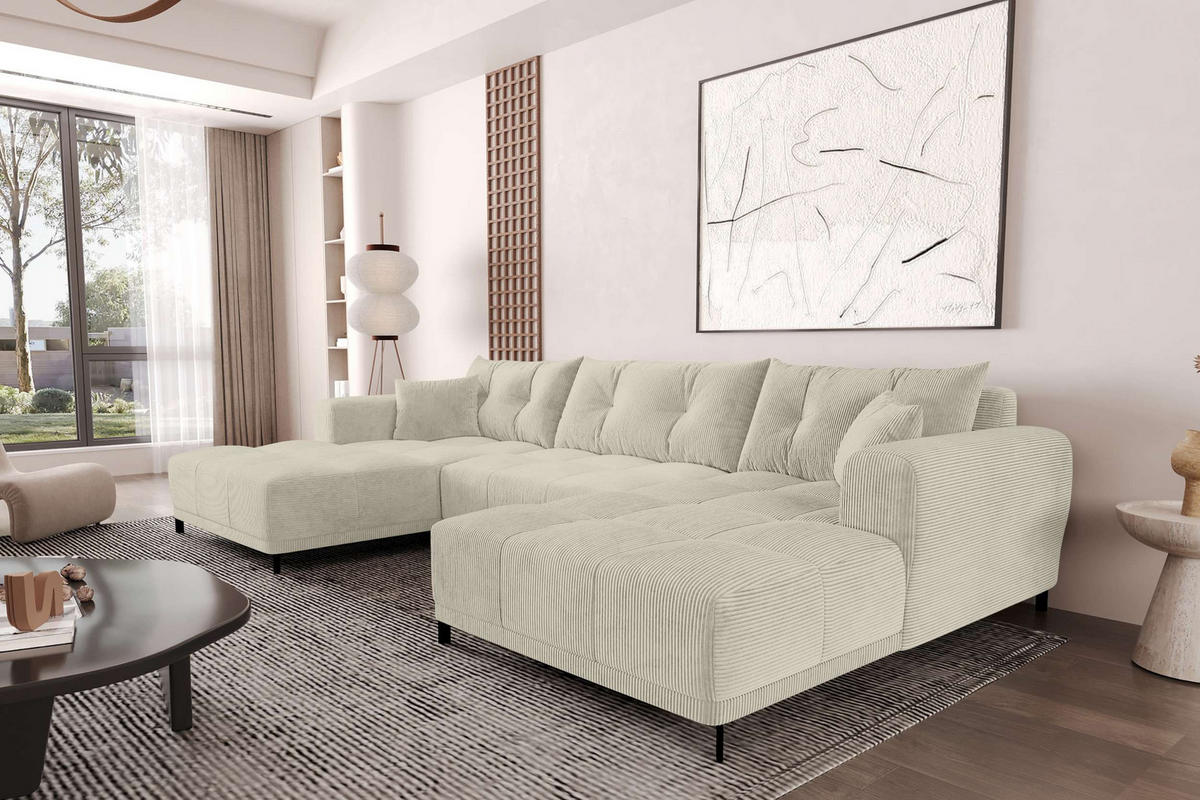 WOHNLANDSCHAFT Massimo Cordstoff Greige inkl. Schlaffunktion - Greige/Schwarz, Textil/Metall (356/94/181cm) - 99rooms