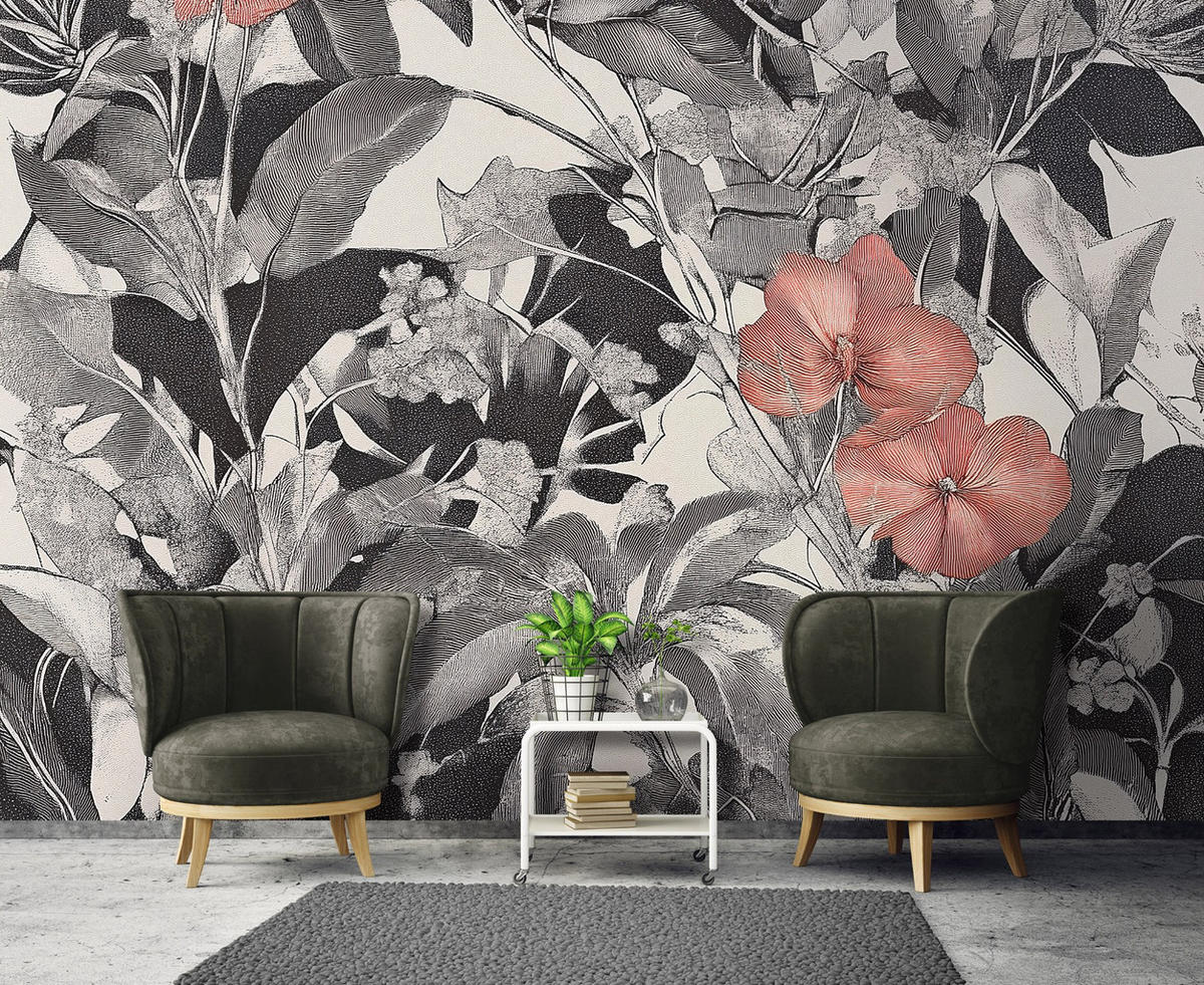 FOTOTAPETE Blumen Blätter Vintage Wohnzimmer Vlies Tapete 300x210 - Multicolor, Papier (300/210cm) - Wallarena