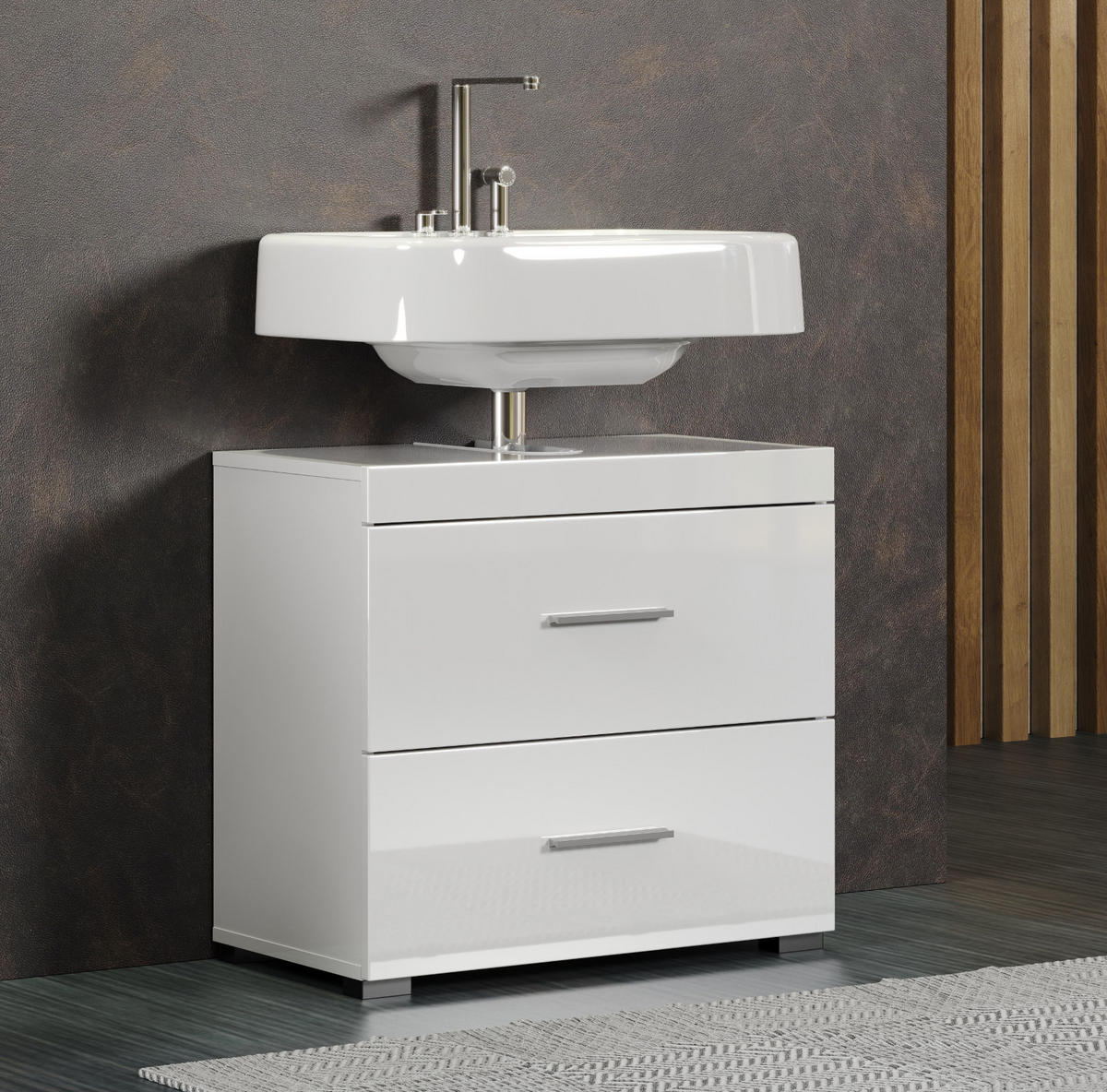 WASCHBECKENUNTERSCHRANK weiß Hochglanz 60 cm, Badschrank mit Schubladen - Weiß Hochglanz/Alufarben, Holzwerkstoff/Kunststoff (60/56/34cm) - Top.Furn