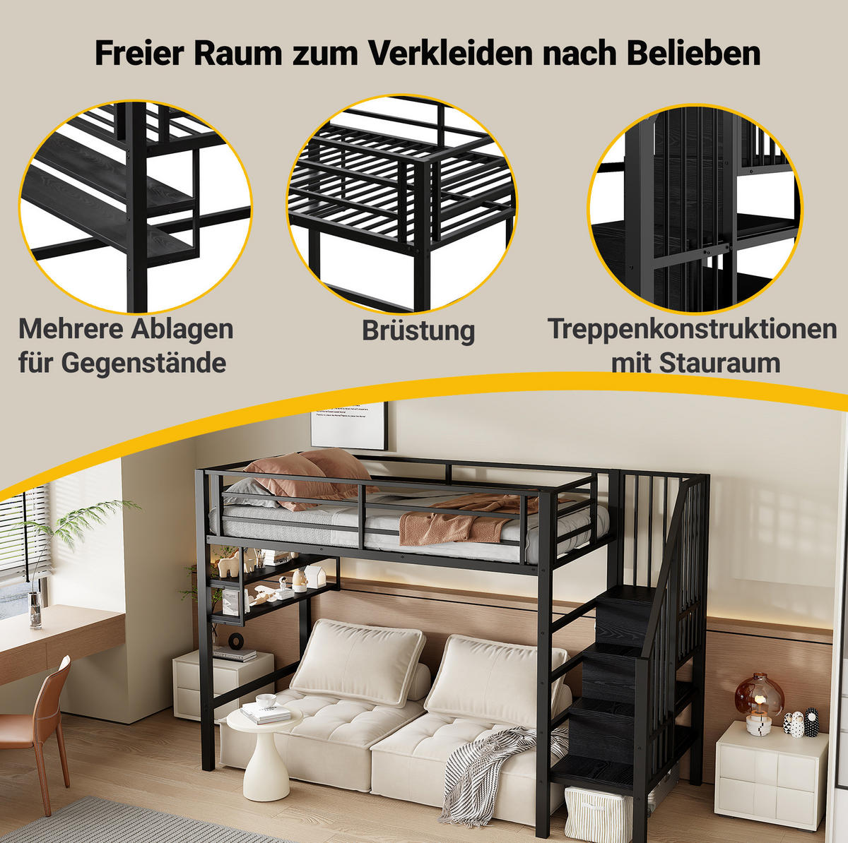 HOCHBETT 90/200 cm in Schwarz – mit Stauraumleiter und Regalfächern - Schwarz, Metall (90/200cm) - BEAOK
