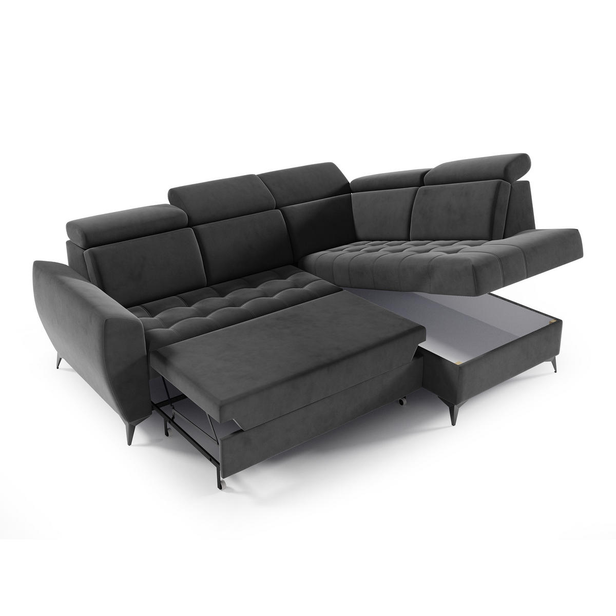 ECKSCHLAFSOFA Aurora II mit verstellbare Kopfstützen, Anthrazit, rechts - Anthrazit/Schwarz, Textil (266/204cm) - Beautysofa