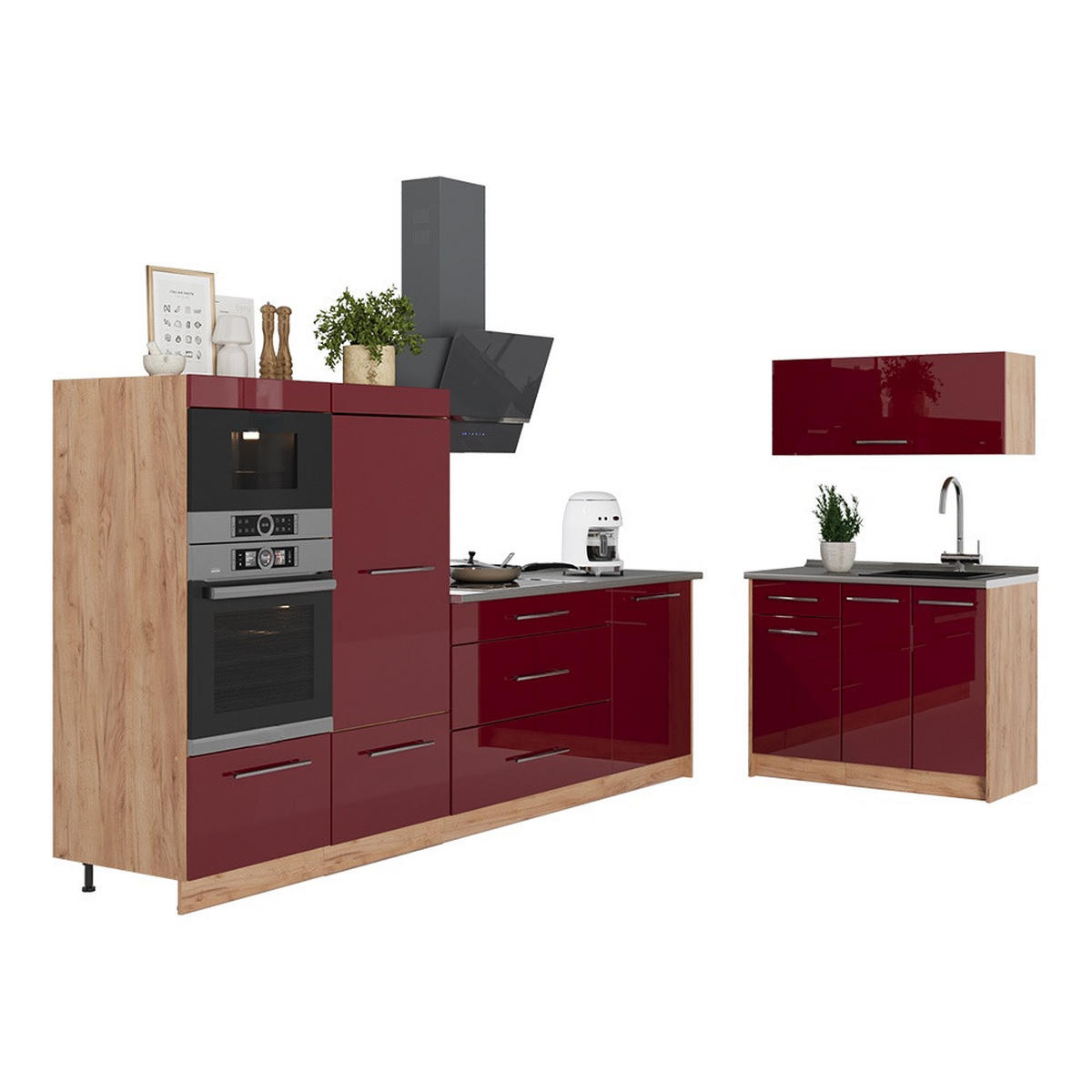 KUHINJA Fame-Line, Bordo rdeča barva visokega sijaja/Zlati hrast z močjo, 380 cm, DP Marmor - barve hrasta/bordo, leseni material (380/153.6/60cm) - Vicco