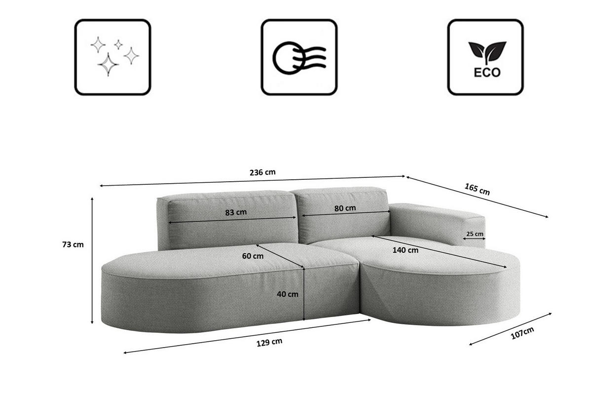 ECKSOFA Modena Studio Falten, Stoff Alpine, Grau Rechts - Grau, Holz (236/165cm) - Kaiser Möbel