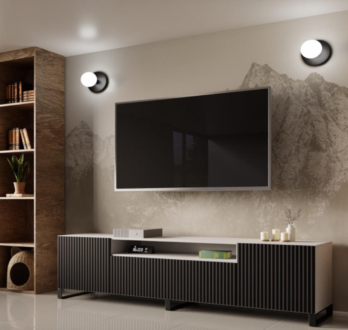 TV-SCHRANK Weiß Schwarz NOELI Gerillte Front - Schwarz, Holzwerkstoff (200/53/41cm) - Sepro Meble