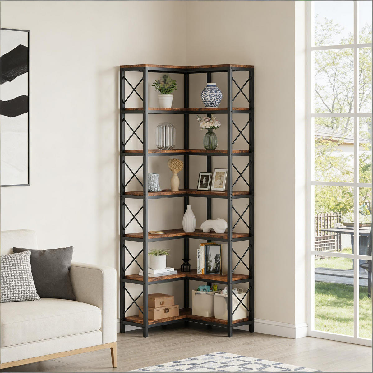BÜCHERREGAL Schwarz/Rustikalbraun Eckregal mit 14 Fächern 61/60,5/202 cm - Schwarz, Metall (61/202/60.5cm) - PANGIVO