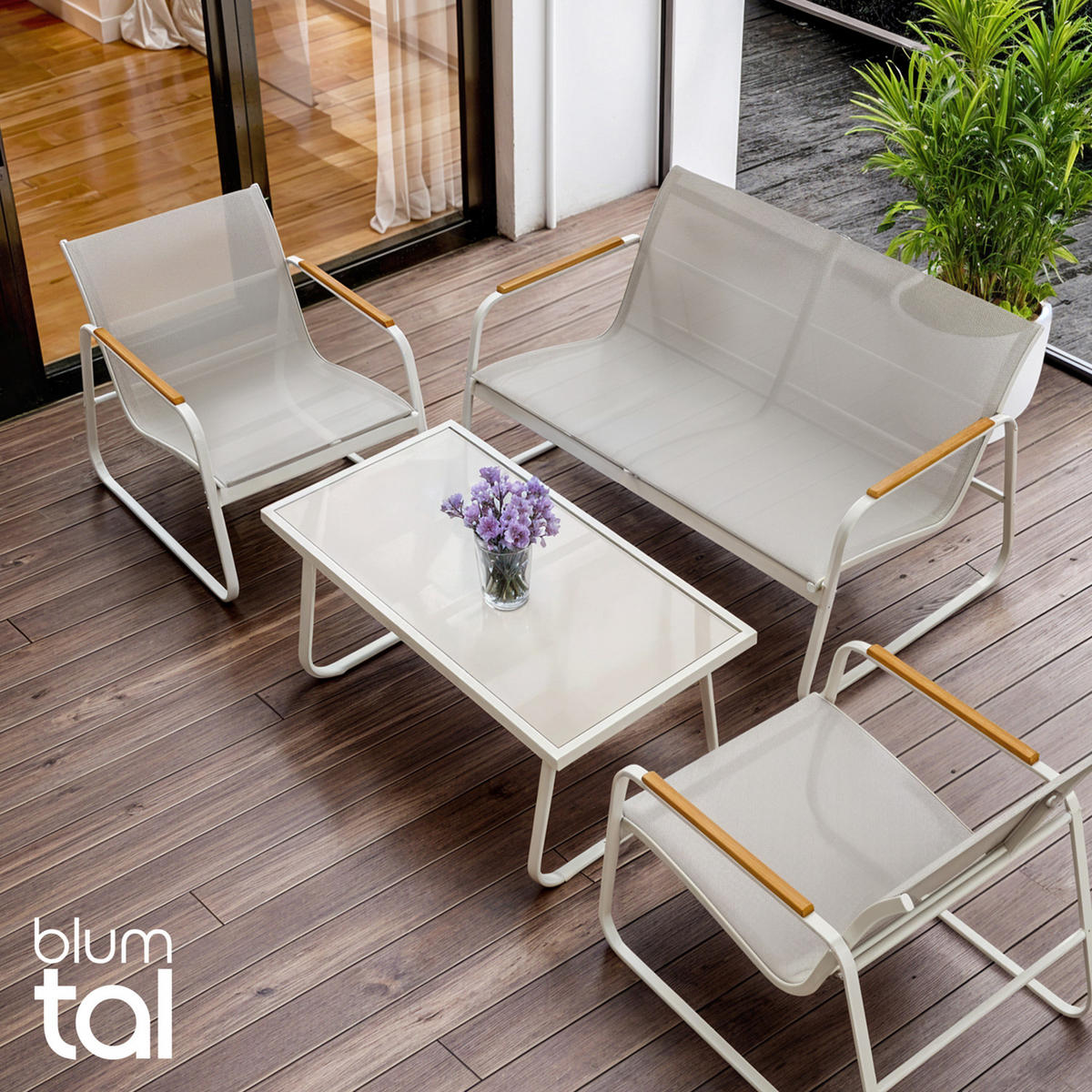 GARTENMÖBEL 4er Set, 2 Sessel 1 Tisch und 1 Bank, Grau - Grau, Metall - Blumtal