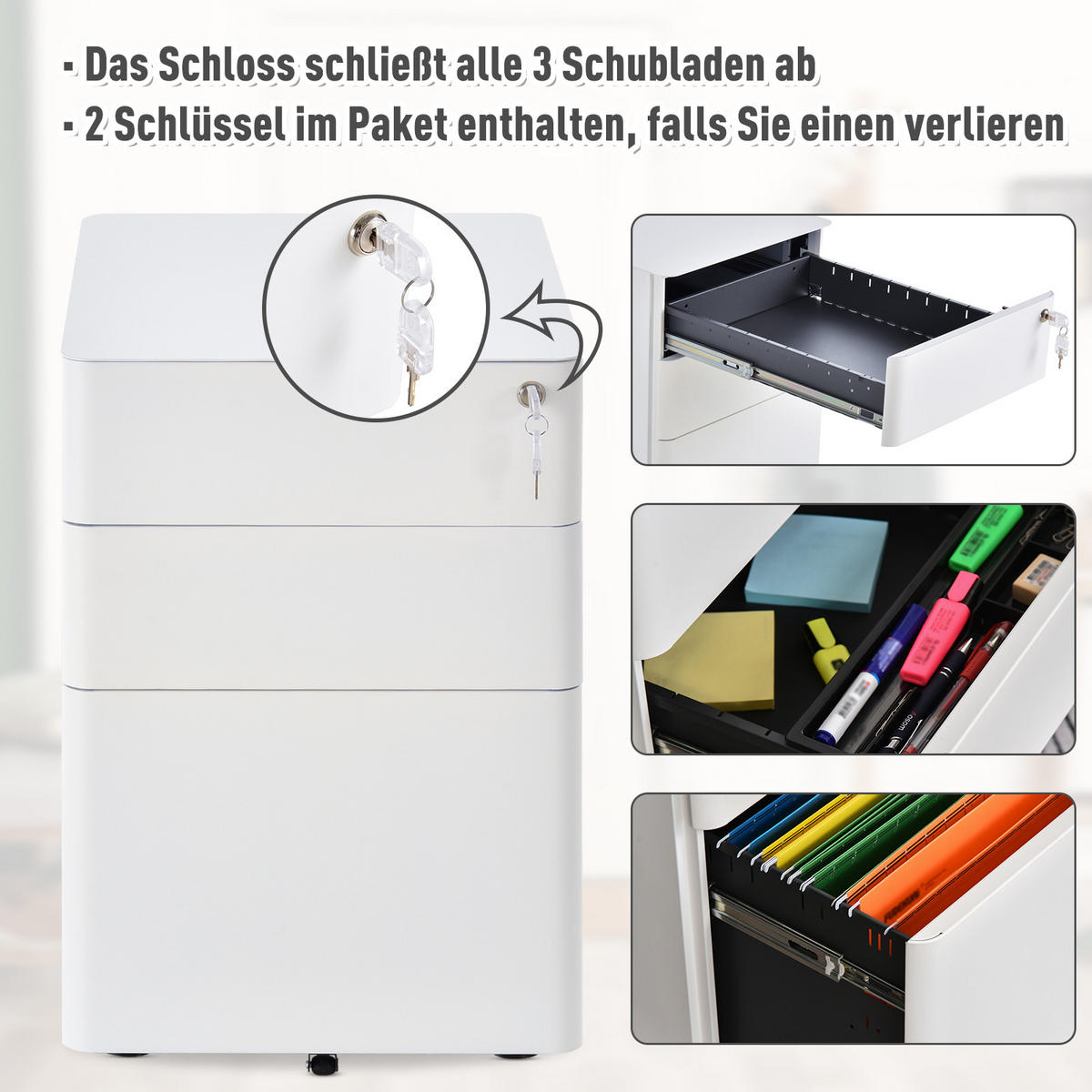 AKTENSCHRANK mit 3 Schubladen, Stahl, Weiß, 39 x 48 x 59 cm - Weiß, Metall (48/59/39cm) - Vinsetto