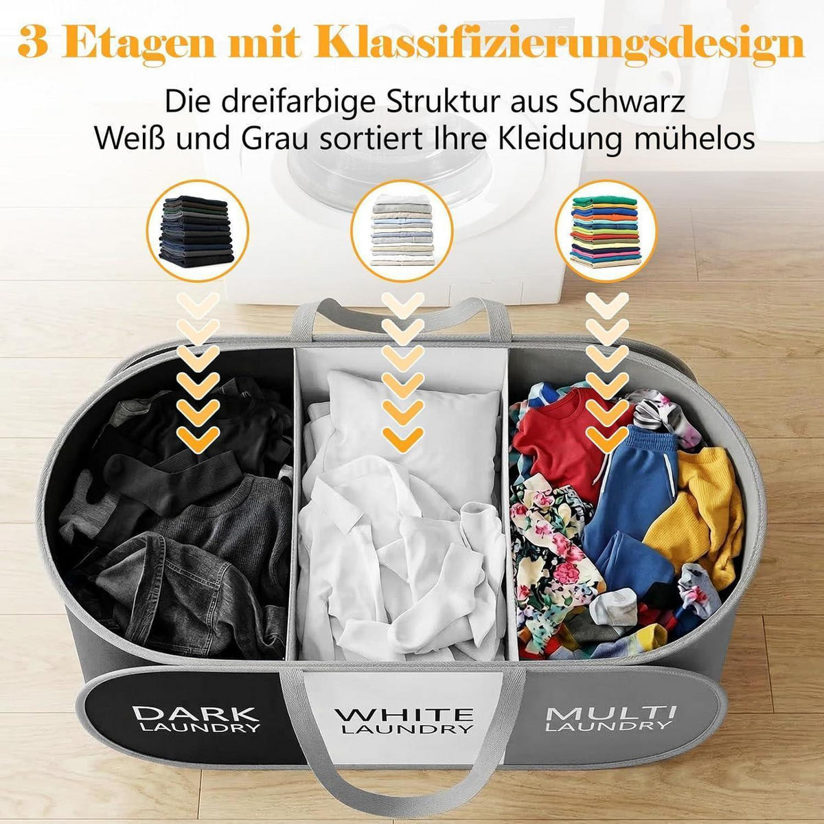 WÄSCHEKORB faltbar 3 Fächer 99L mit Griffen - Multicolor, Textil (35/35/80cm)