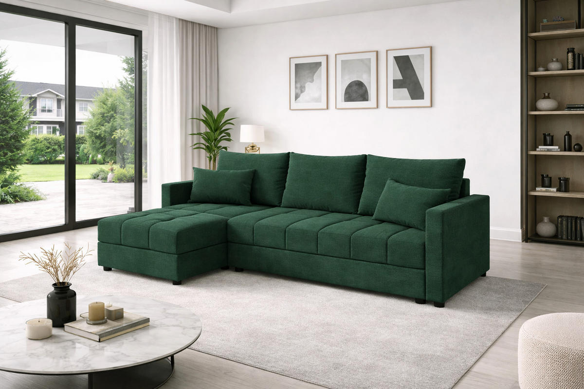 WOHNLANDSCHAFT AURELIA– Ecksofa in L-Form mit Schlaffunktion Bettkasten & Kissen Stoff KRONOS 226 cm Grün - Dunkelgrün, Kunststoff (226/140cm) - Wohnideebilder