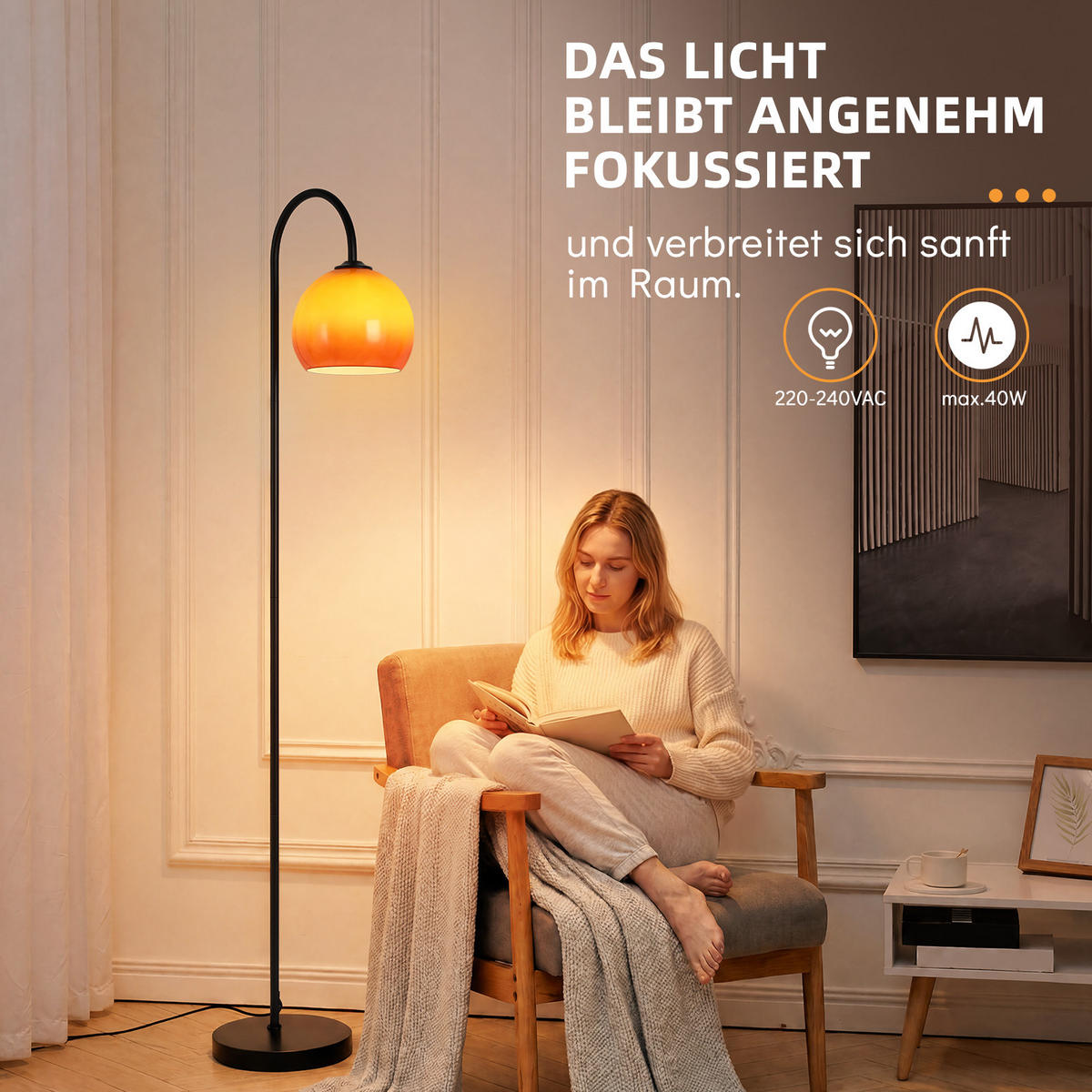 STEHLAMPE Quorlis 36/25/160 cm - Schwarz/Orange, Glas/Metall (36/25/160cm) - ZMH
