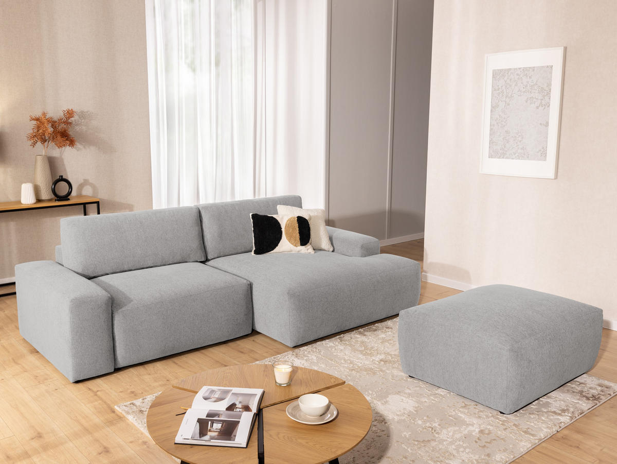 ECKSOFA inkl. Hocker Lennon aus Hellgrau Strukturstoff mit Schlaffunktion und Bettkasten - Hellgrau/Schwarz, Holz/Kunststoff (264/137cm) - S-Style