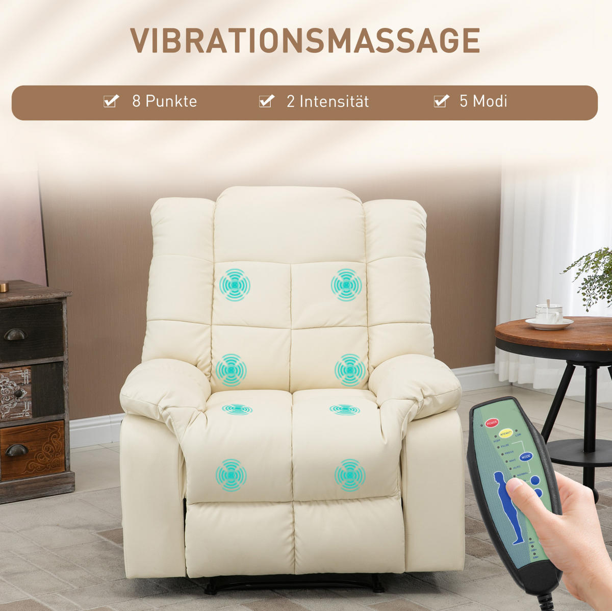 MASSAGESESSEL 94/99/99 cm in Cremeweiß mit Liegefunktion und 8-Punkt-Massage - Creme, Kunststoff (99/99/94cm) - Flora Grace