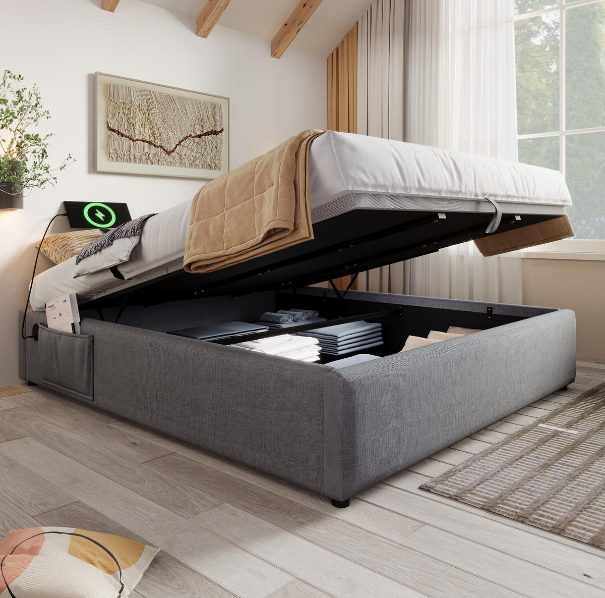 POLSTERBETT 140/200 cm mit hydraulischem Bettkasten & USB/Type-C, vollflächiger Massivholzboden, Grau - Grau, Textil (140/200cm) - Redom