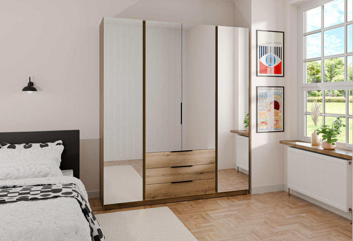 KLEIDERSCHRANK Nehir Eiche Evoke 200 cm - 4T3S Modern mit Schubladen und 4 Spiegeln - Eichefarben, Holzwerkstoff/Kunststoff (200/239/61.9cm) - AX Living