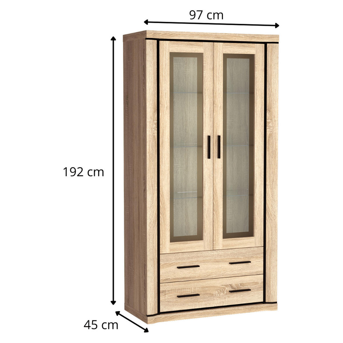 VITRINE Dallas D-17 97 x 192 x 45 cm Eiche Sonoma - Sonoma Eiche, Glas/Holzwerkstoff (97/192/45cm) - Koseto
