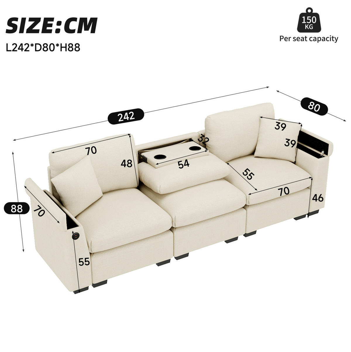 3-SITZER Sofa Chenille mit Klapptisch USB-Anschluss und Stauraum 242/80/88 cm Beige - Beige, Kunststoff/Textil (80/88/242cm) - Redom