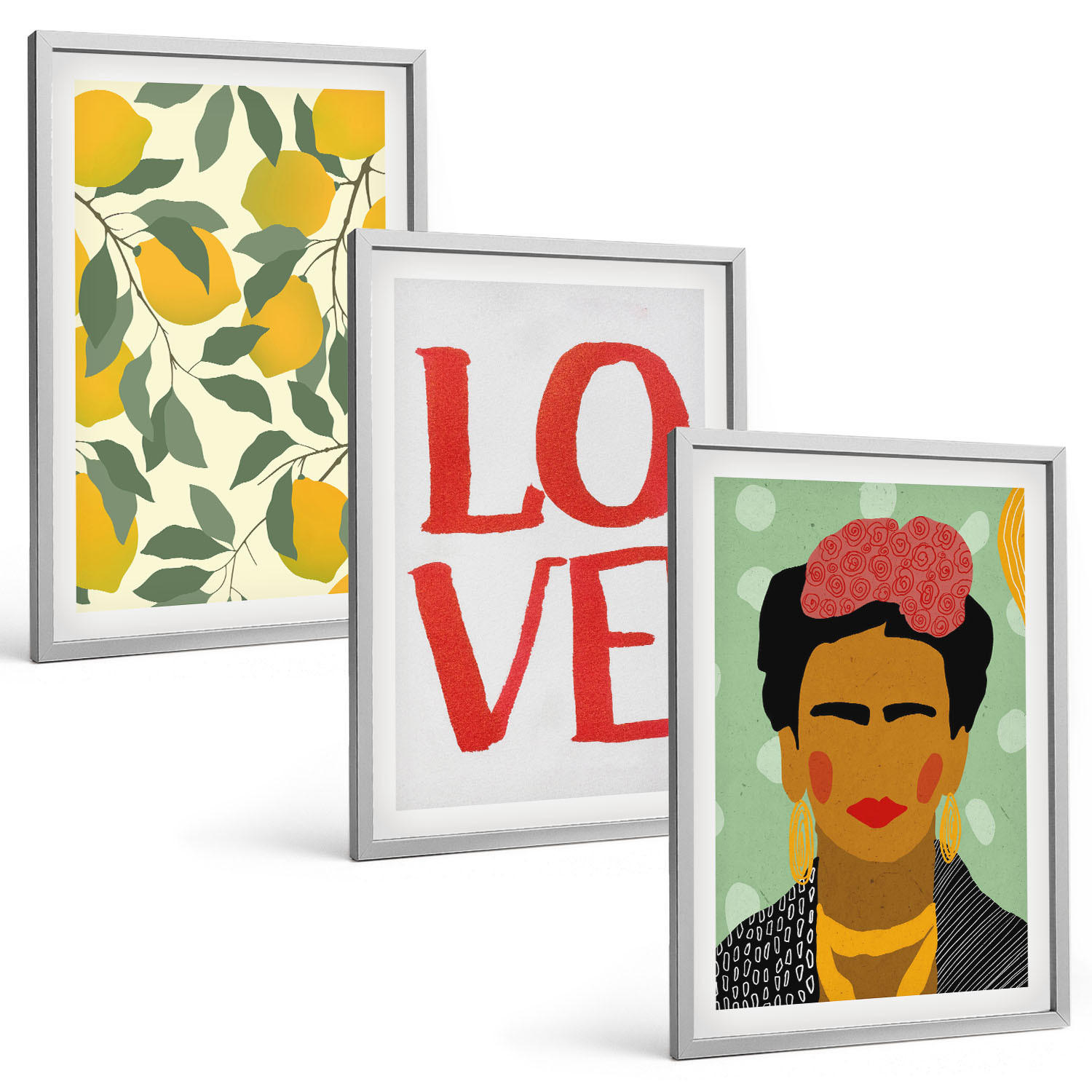 BILDER SET 3er Set - 40x60 cm Silberner Rahmen - Lemons LOVE Porträt von Frida - Silberfarben, Kunststoff (40/60cm) - TULUP