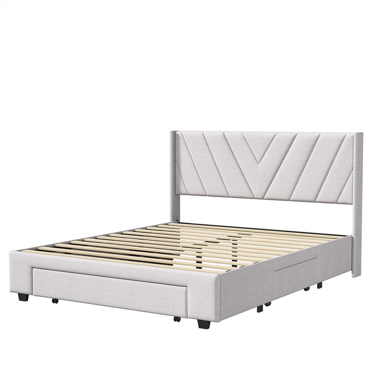 POLSTERBETT 140x200 cm mit 3 Schubladen - Kopfteil mit minimalistischem Liniendesign - ohne Matratze - Beige - Beige, Textil (140/200cm) - DELFA
