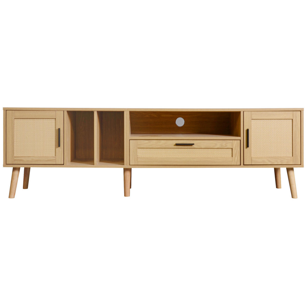 TV-LOWBOARD aus Spanplatte 180x40x54 cm Eichefarben mit 2 Türen, 1 Schublade, Kabelmanagement und Rattan-Dekor - Eichefarben, Holzwerkstoff (180/54/40cm) - Modfu