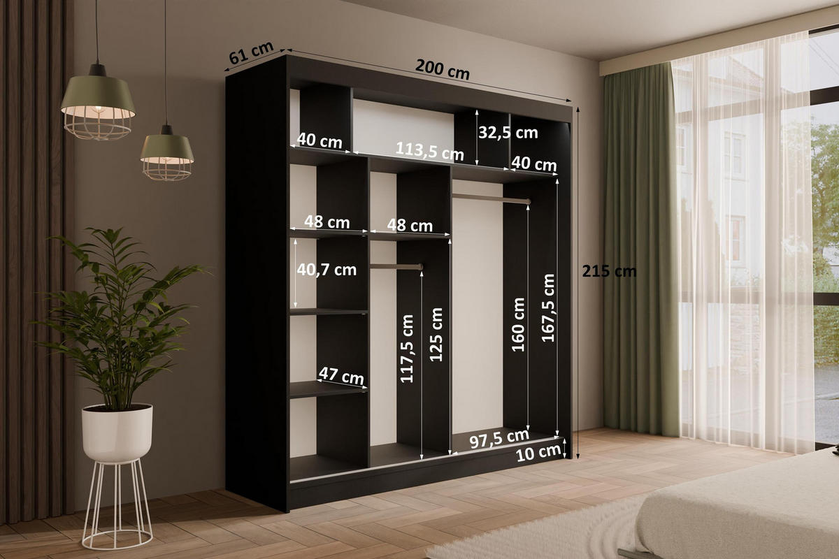 KLEIDERSCHRANK mit LED, Lamel-Schiebetüren VILANv2 - 200 cm Schwarz + Lamelle Eiche Wotan - Eiche Wotan/Schwarz, Holzwerkstoff (200/215/61cm) - ALTDECOR