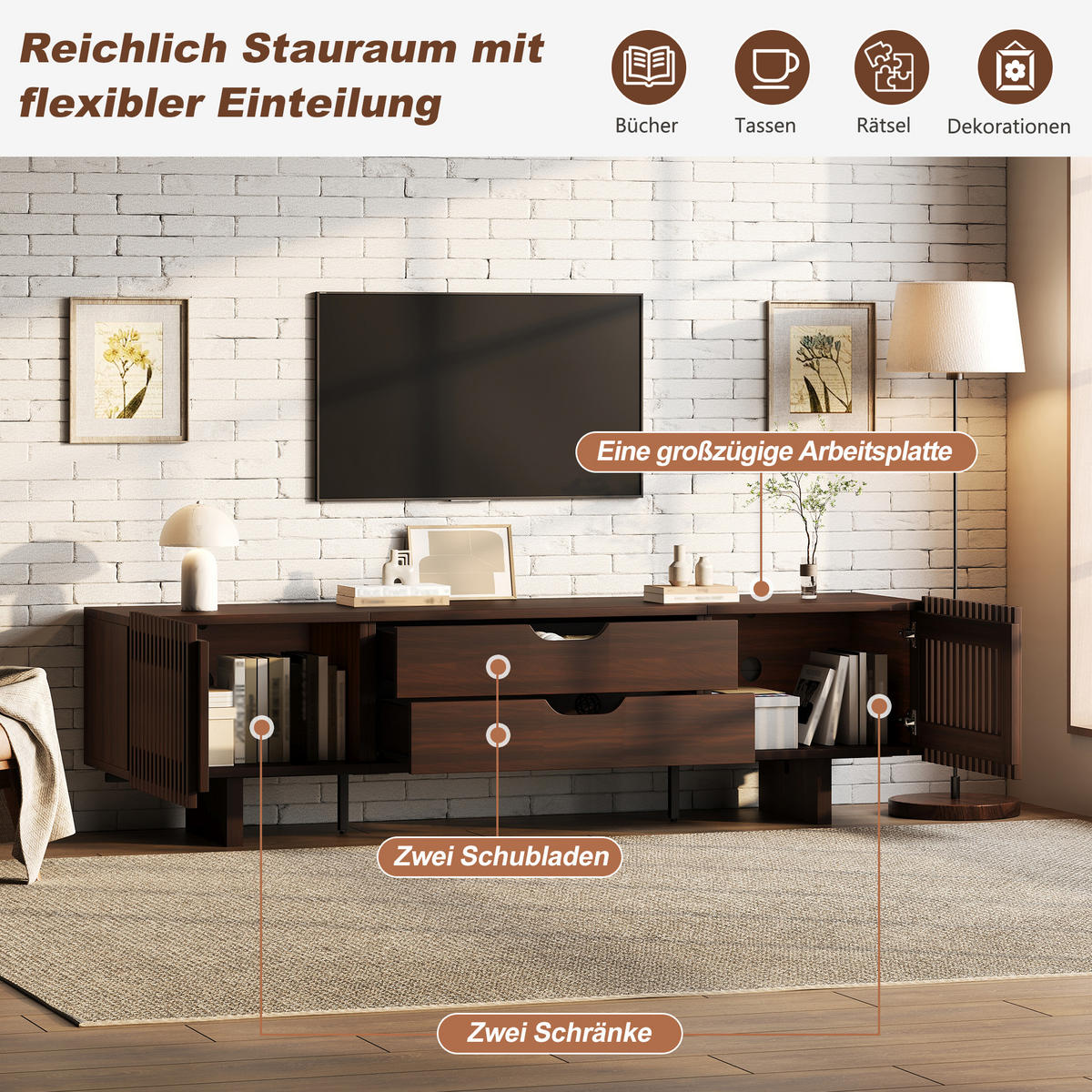 TV-LOWBOARD 180x40x45 cm Nussbaum 2 Schubladen 2 Türen - Alteiche, Holzwerkstoff (40/45/180cm) - FLIEKS