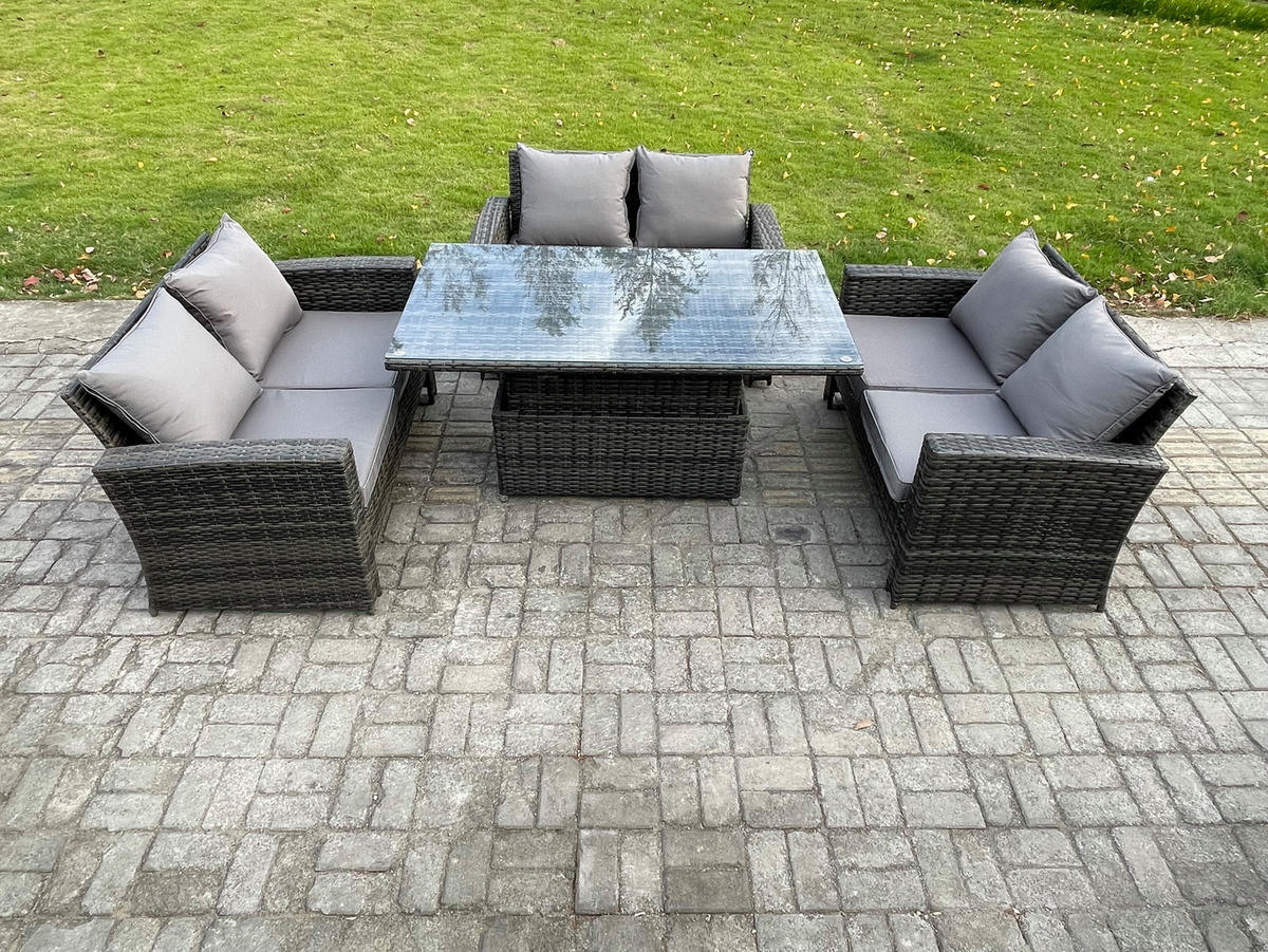 GARTENMÖBEL SITZGRUPPE MIT HÖHENVERSTELLBAREM ESSTISCH DOPPELSITZ-SOFA Polyrattan Dunkelgrau Gemischt 6-Sitzer - Dunkelgrau, Metall - Fimous