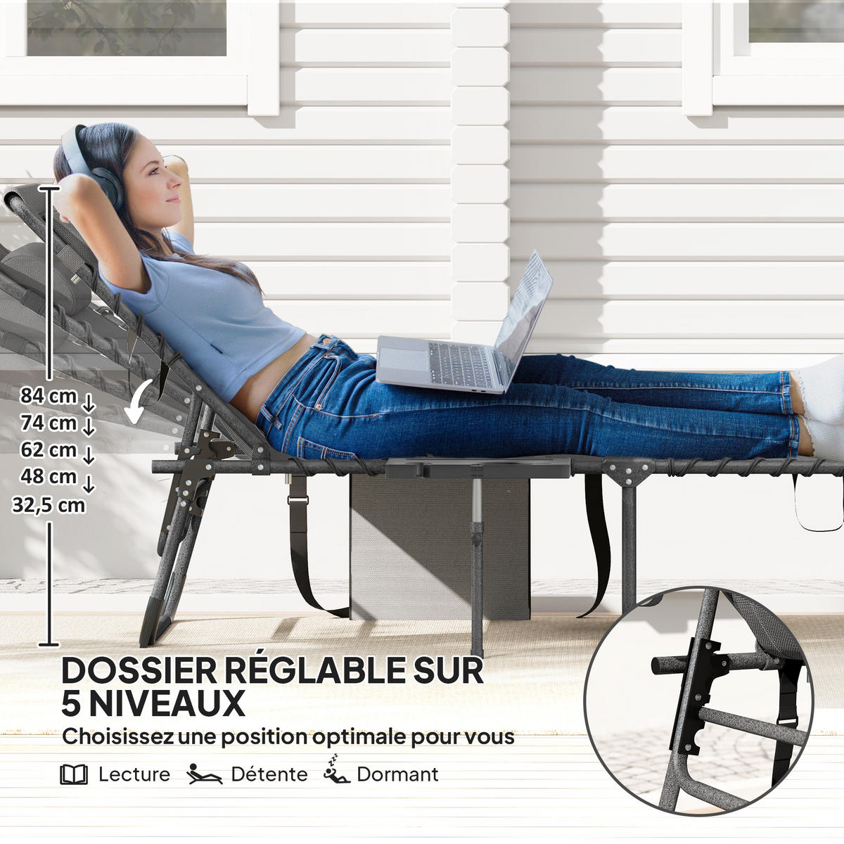 SONNENLIEGE DE-15679 5-fach verstellbar mit Tablett Grau - Grau, Metall (60/31/190cm) - ComfortXL