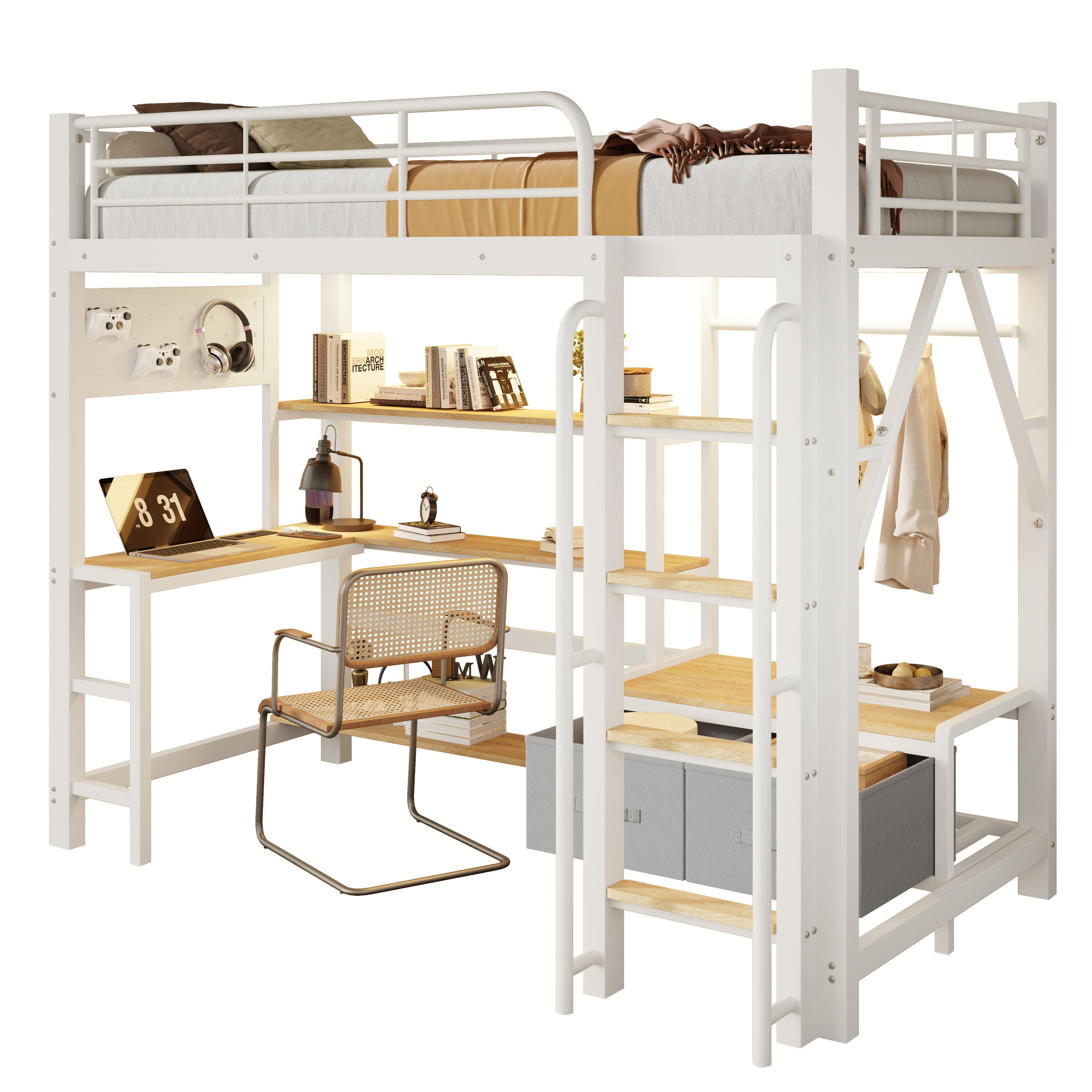 HOCHBETT 90x200cm, Eisen, Lochwand, Regale, Schubladen, Schreibtisch, USB, LED, Geländer, ohne Matratze, Weiß - Weiß, Holzwerkstoff (90/200cm)
