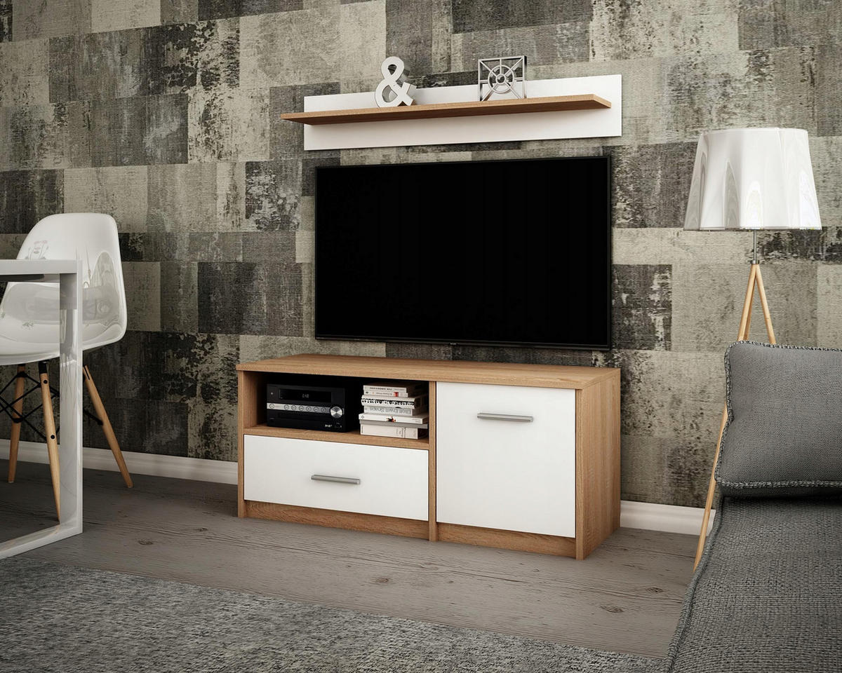 FERNSEHKOMMODE BODO 1D1S Sonoma Eiche-Weiß 98/35/42 cm - Weiß/Sonoma Eiche, Holzwerkstoff (98/42/35cm) - Matkam Möbel