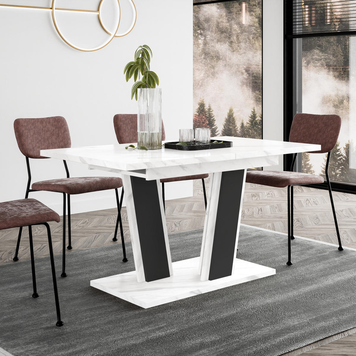 ESSTISCH Ausziehbar von 120 bis 160 cm in Weißer Marmor-Optik - Weiß Hochglanz, Holzwerkstoff (80/160/75cm) - Home Collective