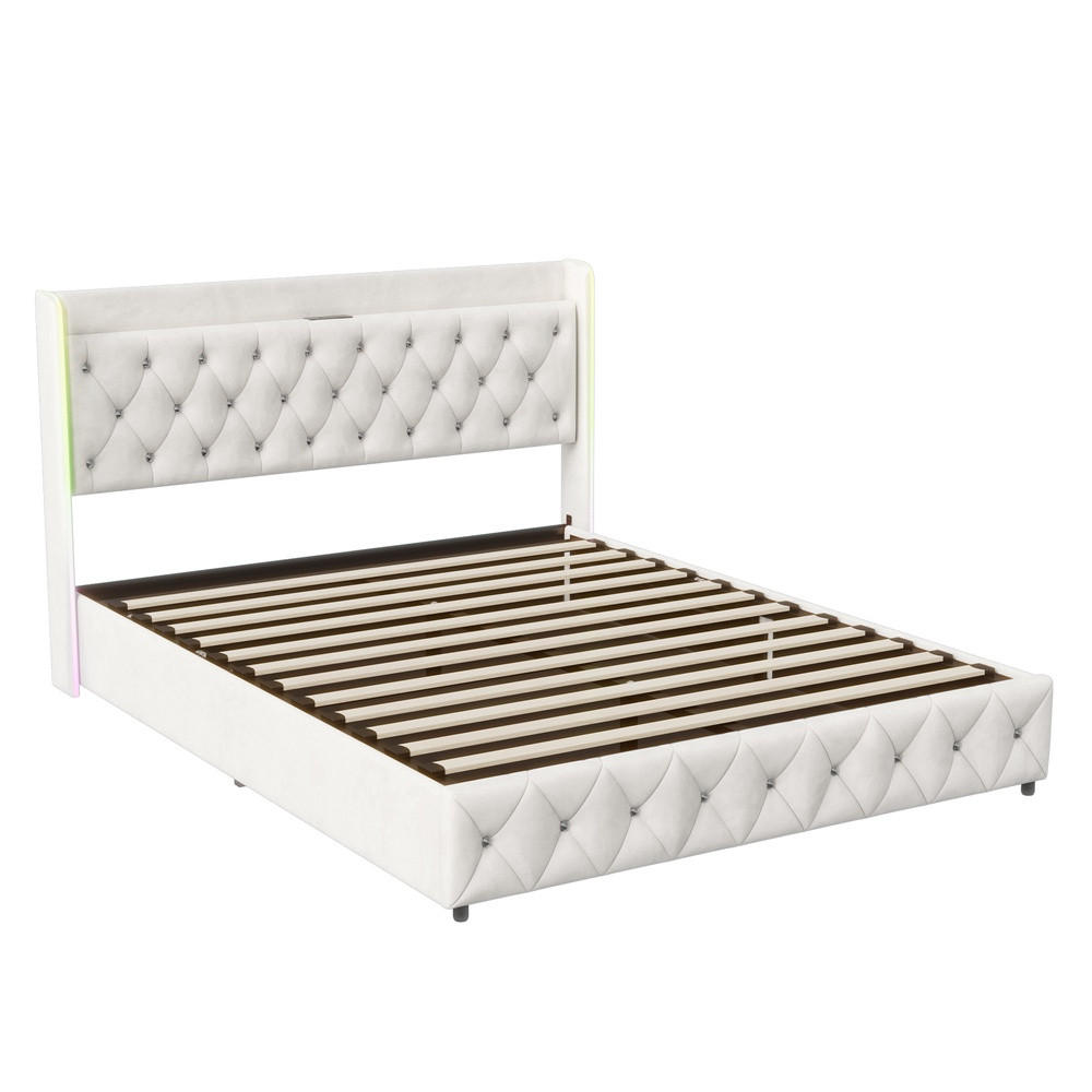 POLSTERBETT 140x200 cm - Doppelbett mit hydraulischem Stauraum und LED - ohne Matratze - Beige - Beige, Textil (140/200cm) - DELFA
