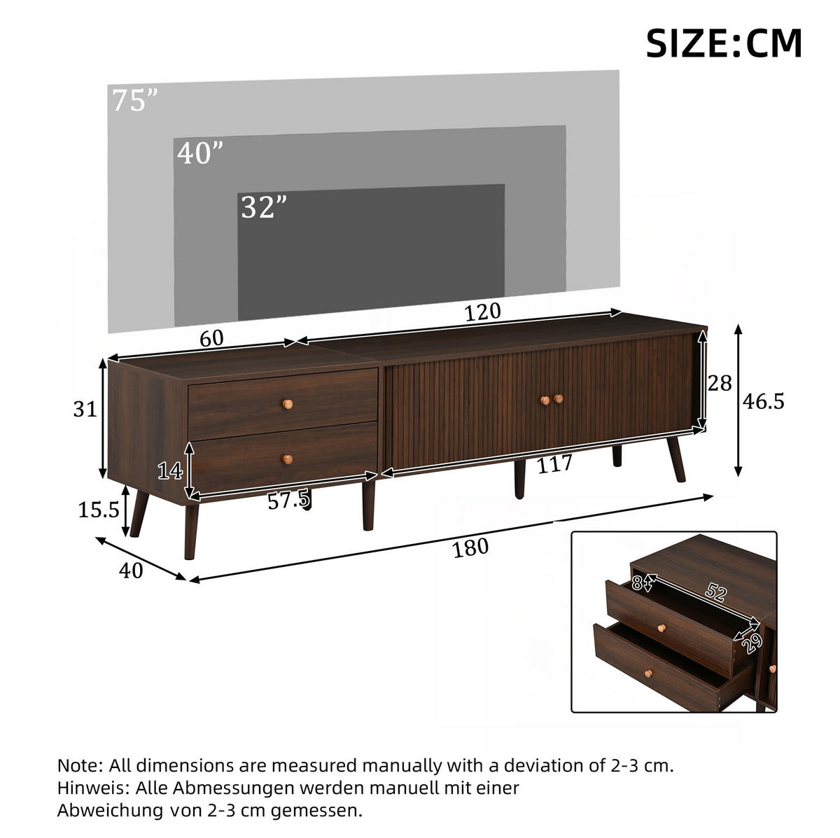 TV-ELEMENT mit 2 Schubladen 180 x 40 x 46,5 cm MDF Walnut 2 Rollltüren - Braun, Holzwerkstoff (40/46.5/180cm) - Beauniv