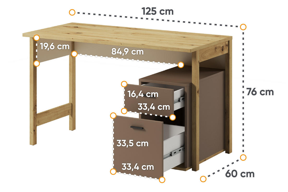KINDERSCHREIBTISCH TRIDA mit Schubladen, creme/braun/artisan Eiche - Creme/Braun, Holz (125/76/60cm) - KONSIMO®