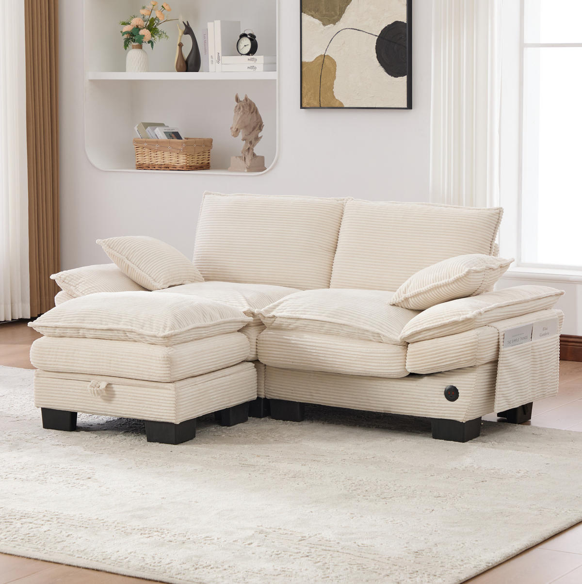 2-SITZER Sofa aus Corduroy 190x132x84 cm in Beige mit Hocker & USB-C - Beige, Textil (132/84/190cm) - Modfu