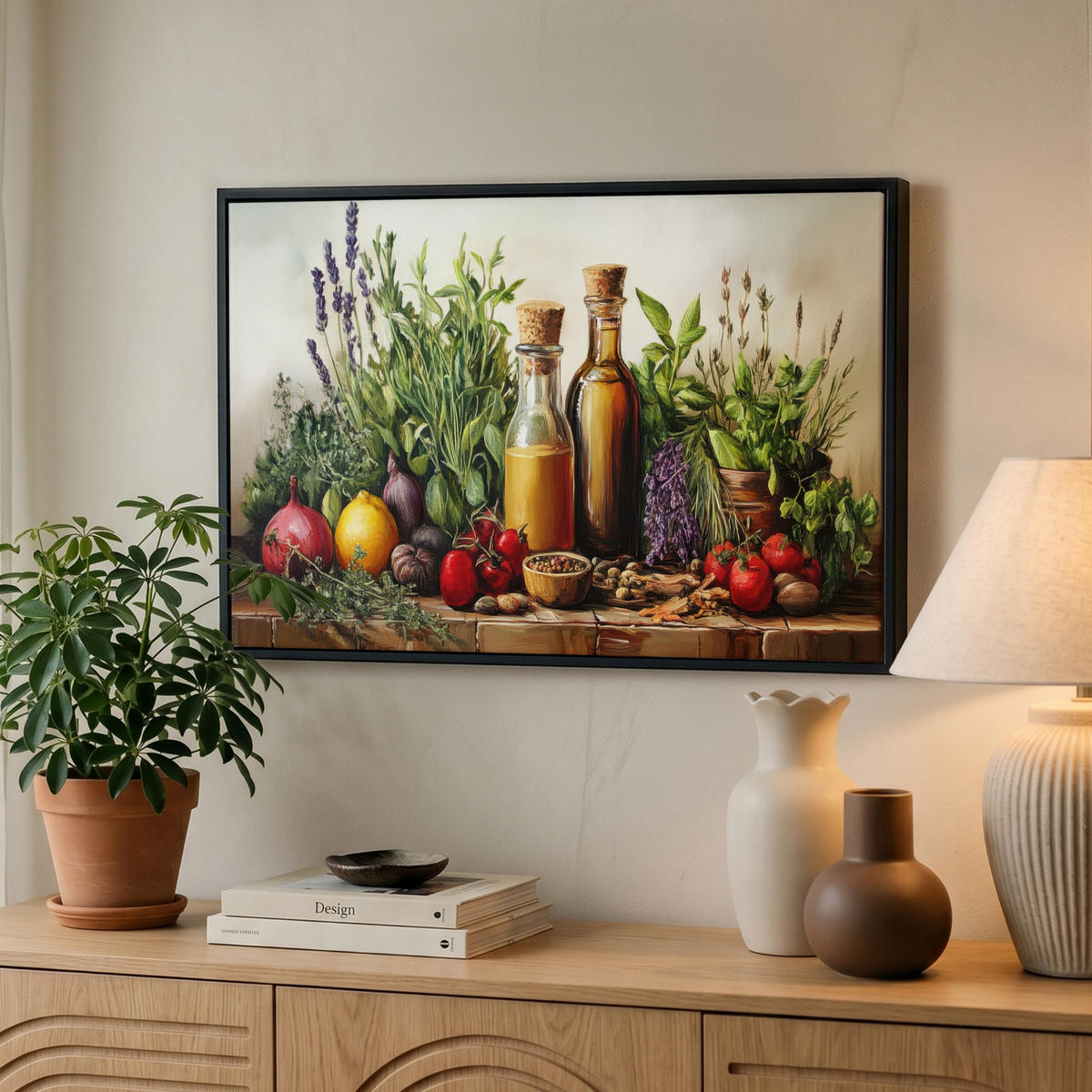 LEINWAND Bilder mit Rahmen - Stilleben - Kräuter - Gewürze - Früchte - Farbenfroh - 60x40 - Grün, Textil (60/40cm) - MuchoWow